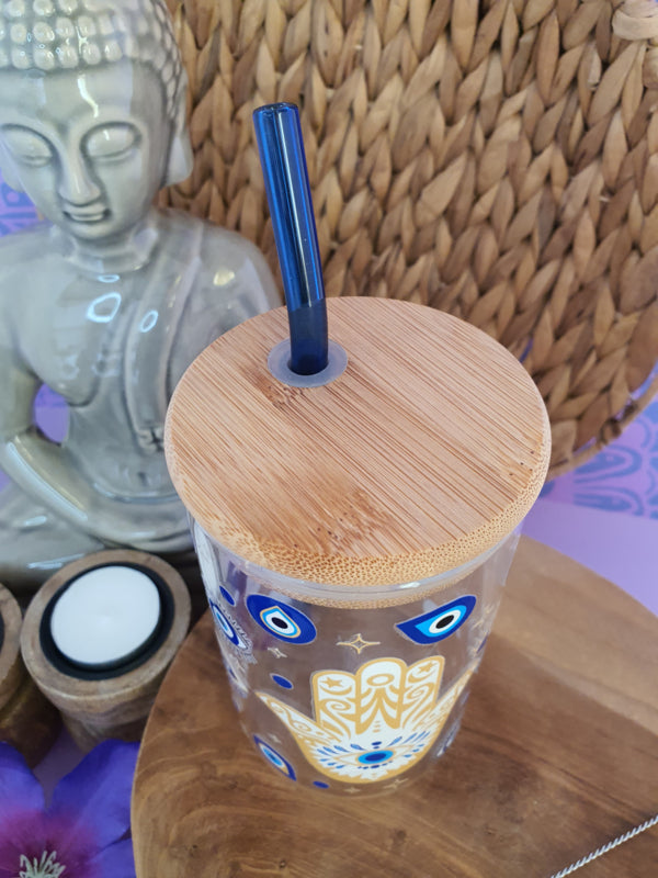 Drinkglas met handvat, bamboe deksel en rietje &