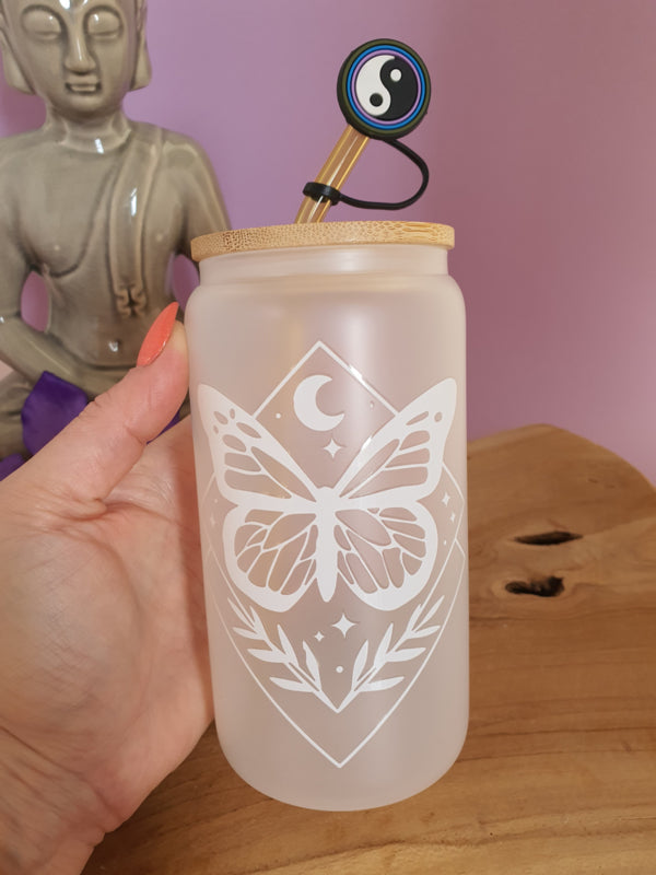 Drinkglas (blikvormige tumbler) met bamboe deksel en rietje &