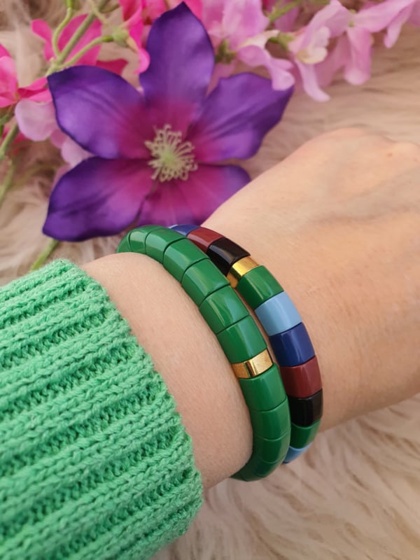 Emaille armband Groen / bruin / licht en donker blauw / goud 18-18,5cm (nr 30)