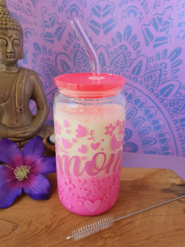 Drinkglas (blikvormige tumbler) met kunststof deksel en rietje &