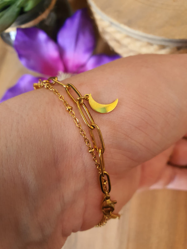 Armband RVS gold met dubbele ketting en 3 bedels