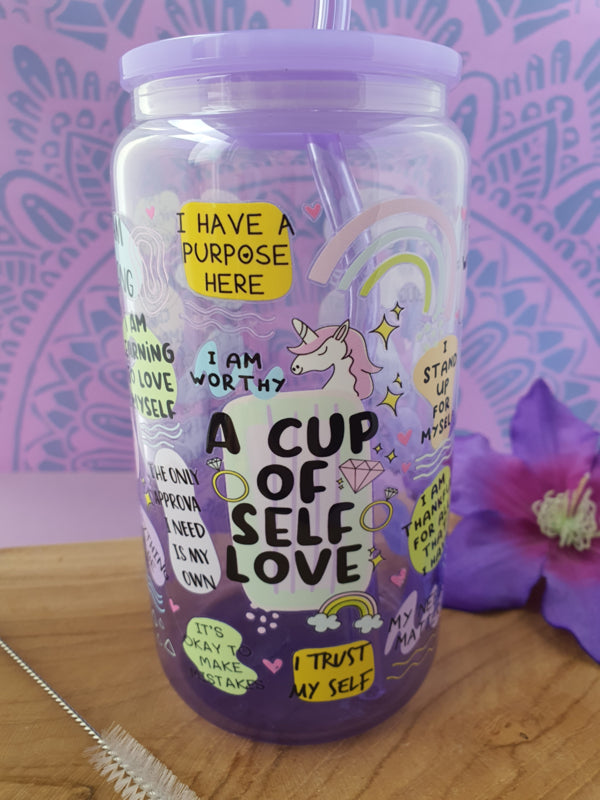 Drinkglas (blikvormige tumbler) met kunststof deksel en rietje &