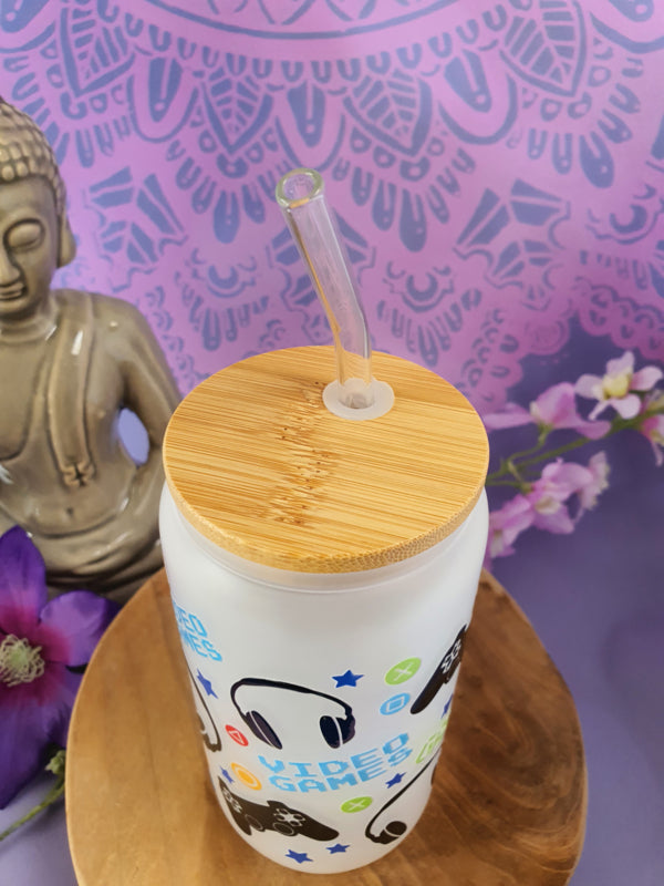 Drinkglas (blikvormige tumbler) met Bamboe deksel en rietje &
