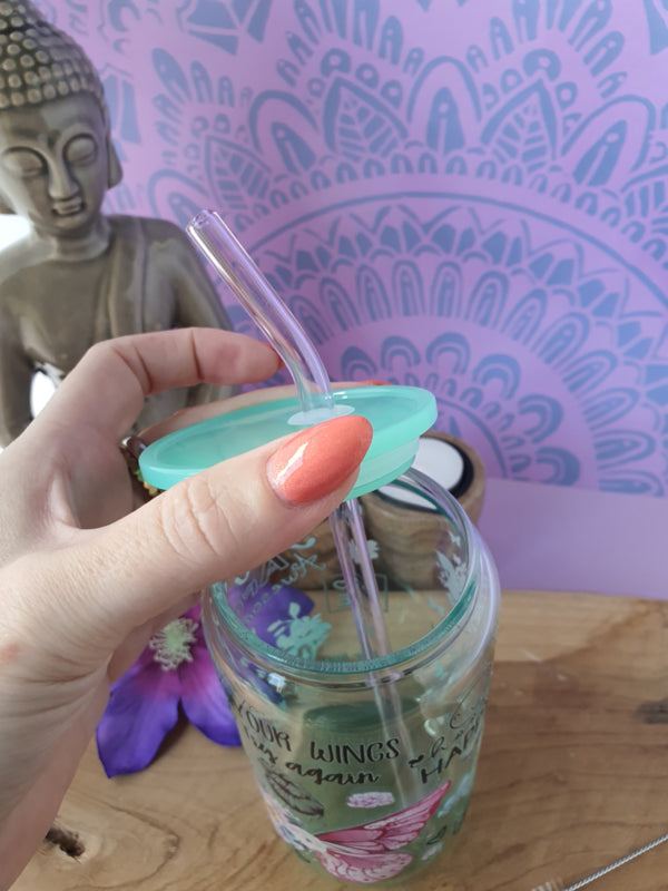 Drinkglas (blikvormige tumbler) met kunststof deksel en rietje &