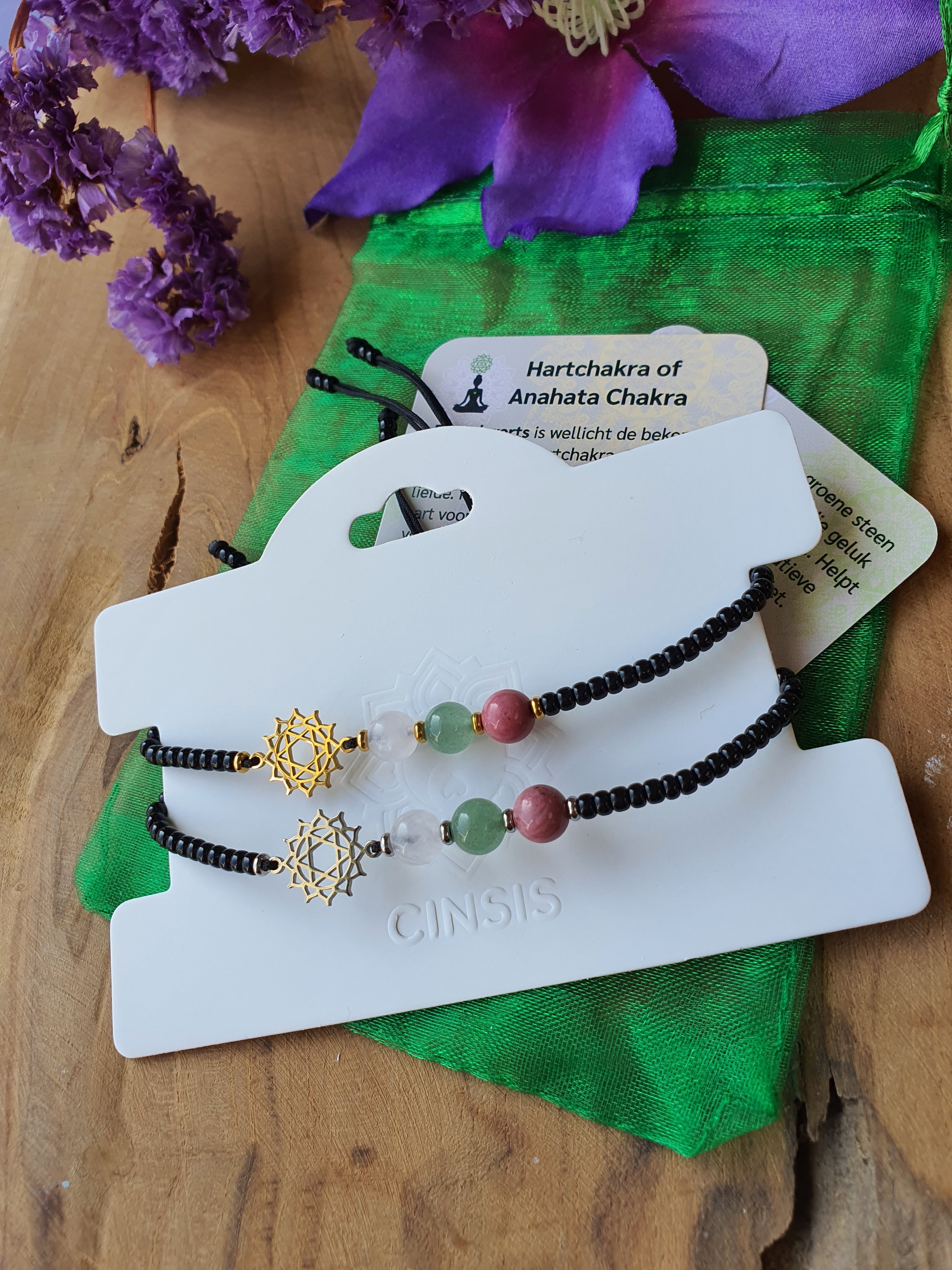 Edelstenen Hartchakra Armband handgemaakt met RVS Symbool