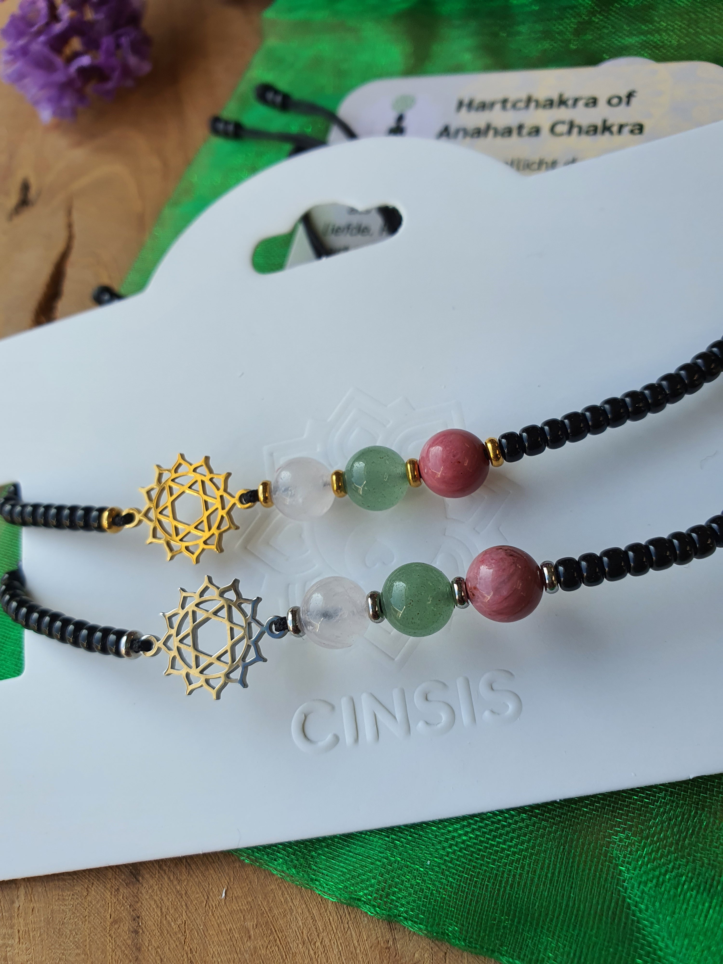 Edelstenen Hartchakra Armband handgemaakt met RVS Symbool