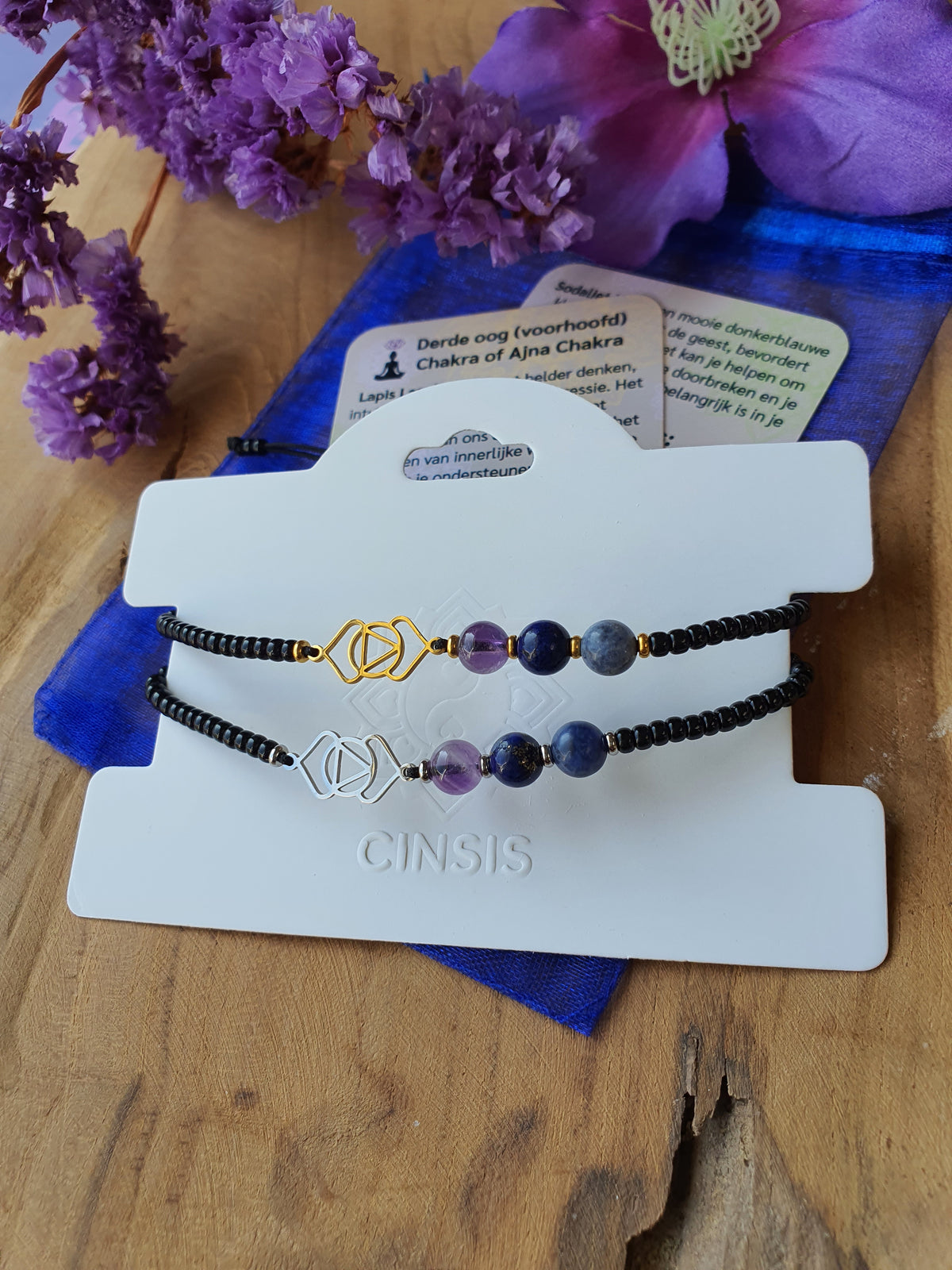 Edelstenen Derde Oogchakra Armband handgemaakt met RVS Symbool