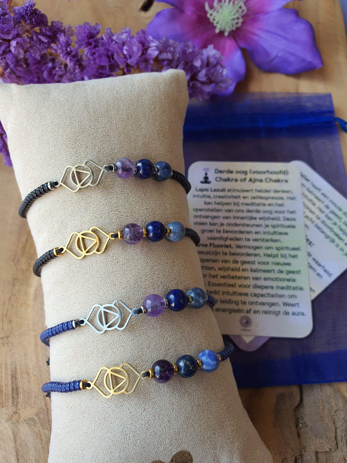 Edelstenen Derde Oogchakra Armband handgemaakt met RVS Symbool