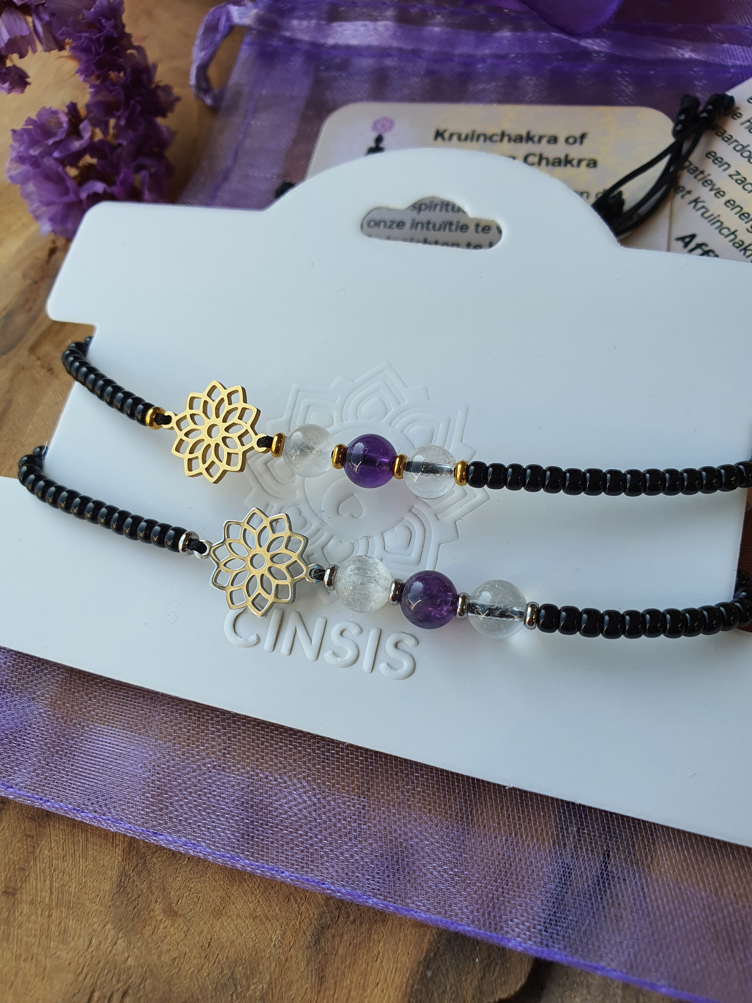 Edelstenen Kruinchakra Armband handgemaakt met RVS Symbool