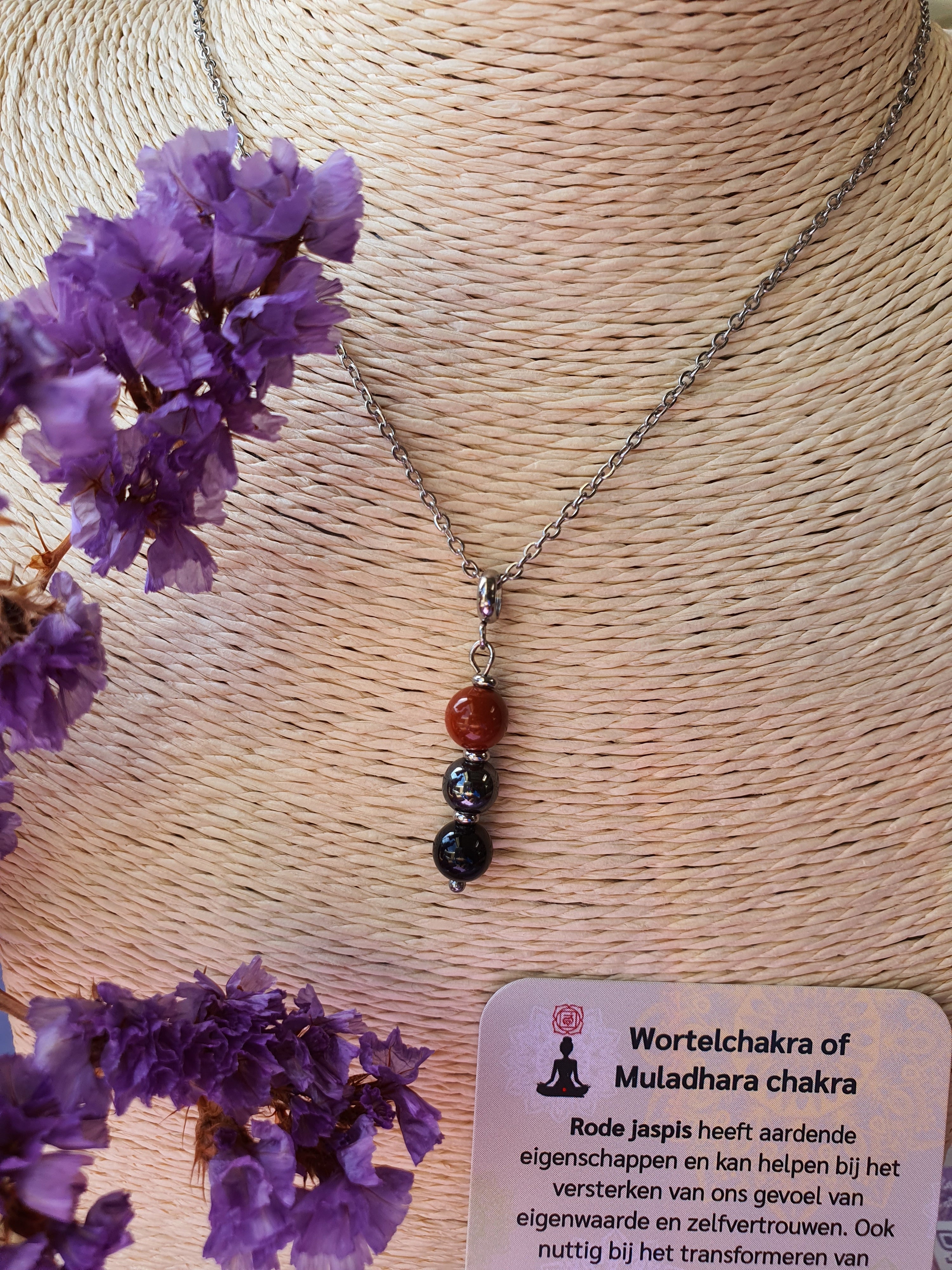 Edelstenen Wortelchakra Hanger met RVS Ketting