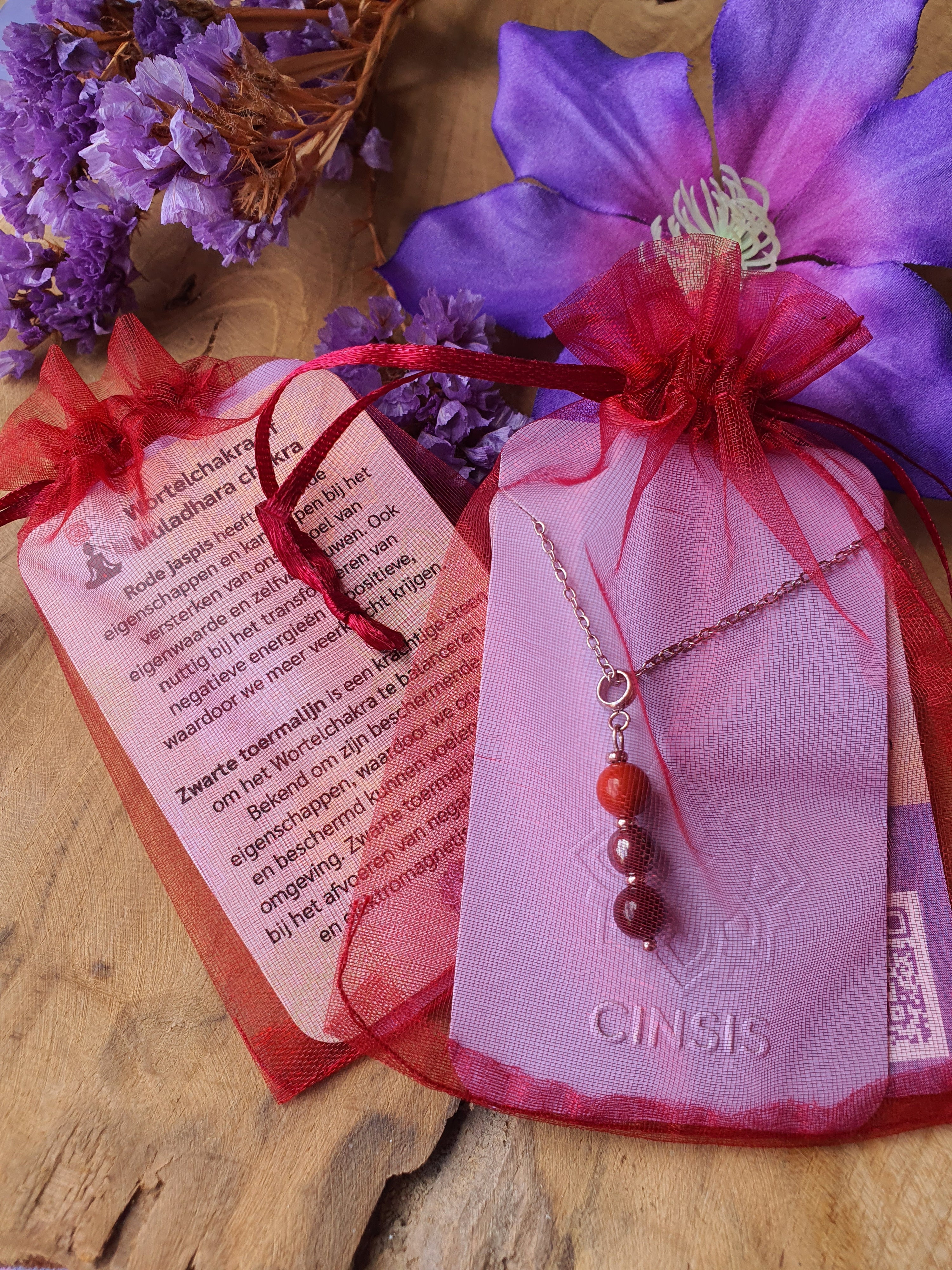 Edelstenen Wortelchakra Hanger met RVS Ketting