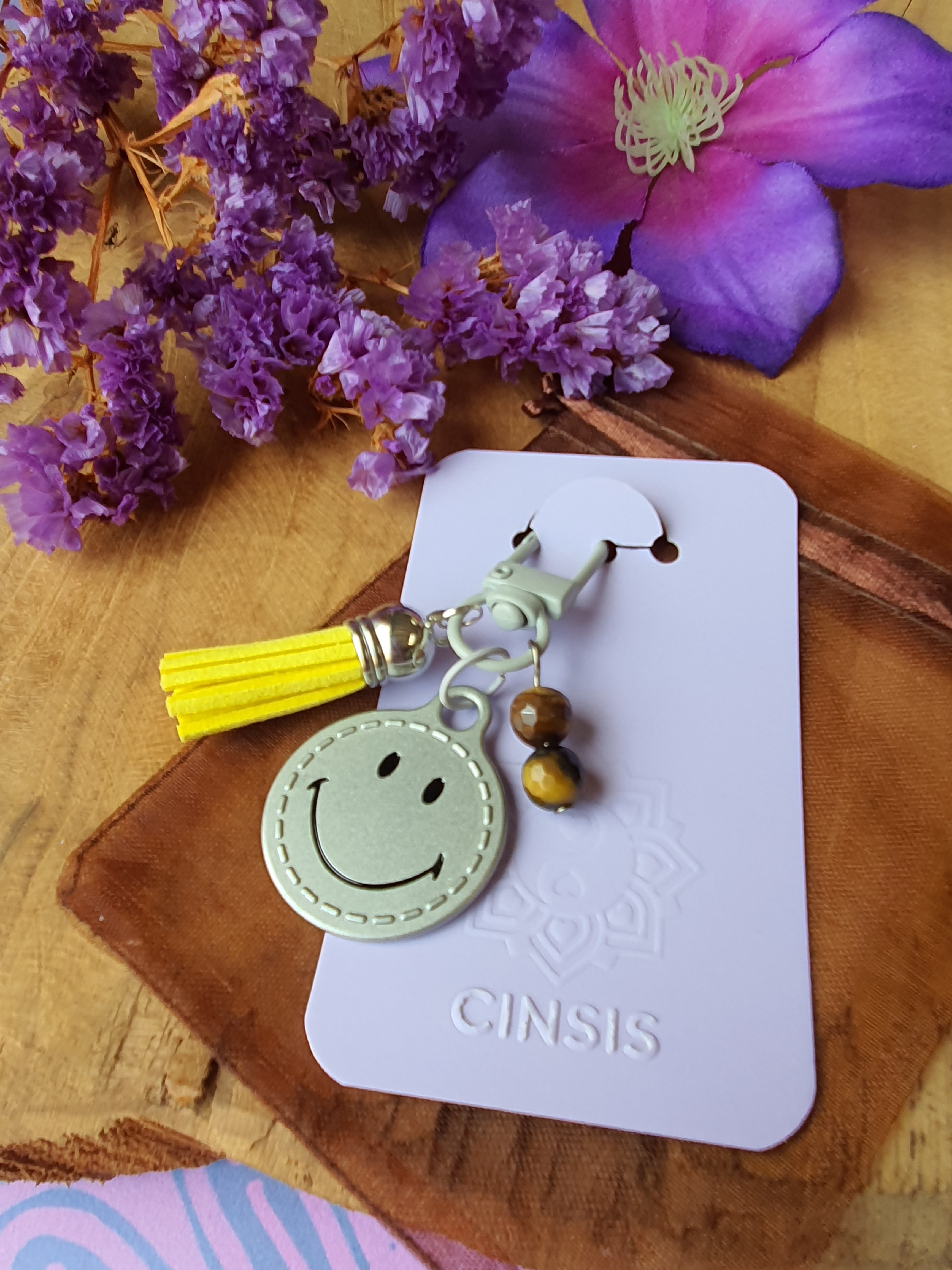 Sleutelhanger / Tassenhanger met Smiley en Tijgeroog