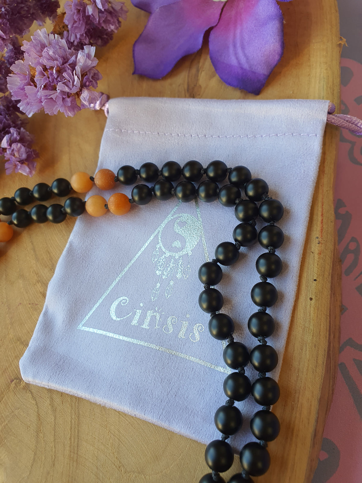 Edelstenen Mala Onyx met Carneool (matte kralen)