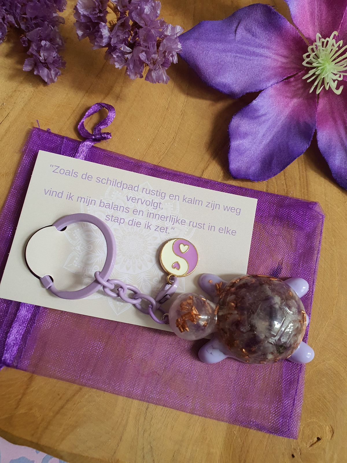 Orgonite sleutelhanger Schilpad Amethist met Bergkristal