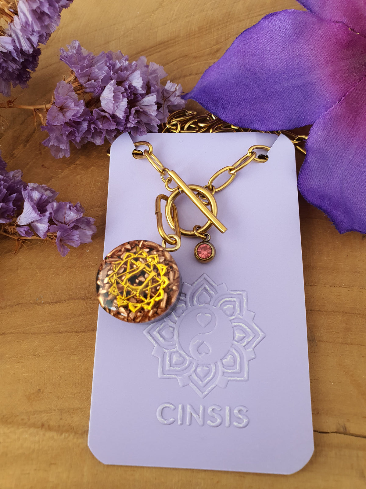 Cinsis Orgonite mix: orgonite Hanger 2 in 1 + RVS Goud ketting nr 3026