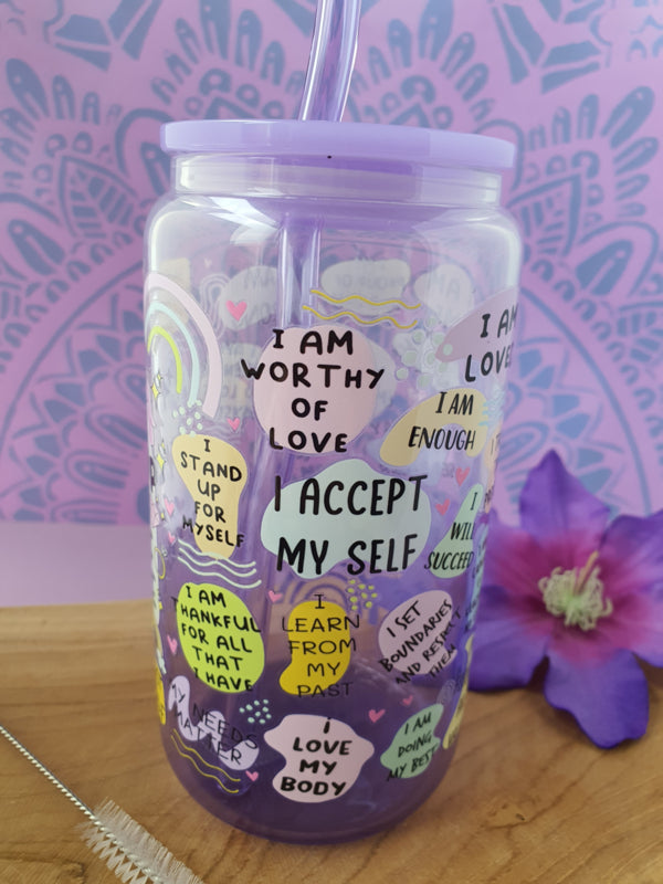 Drinkglas (blikvormige tumbler) met kunststof deksel en rietje &