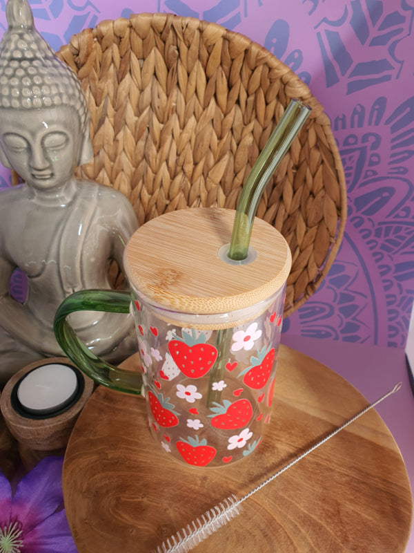 Drinkglas met handvat, bamboe deksel en rietje &