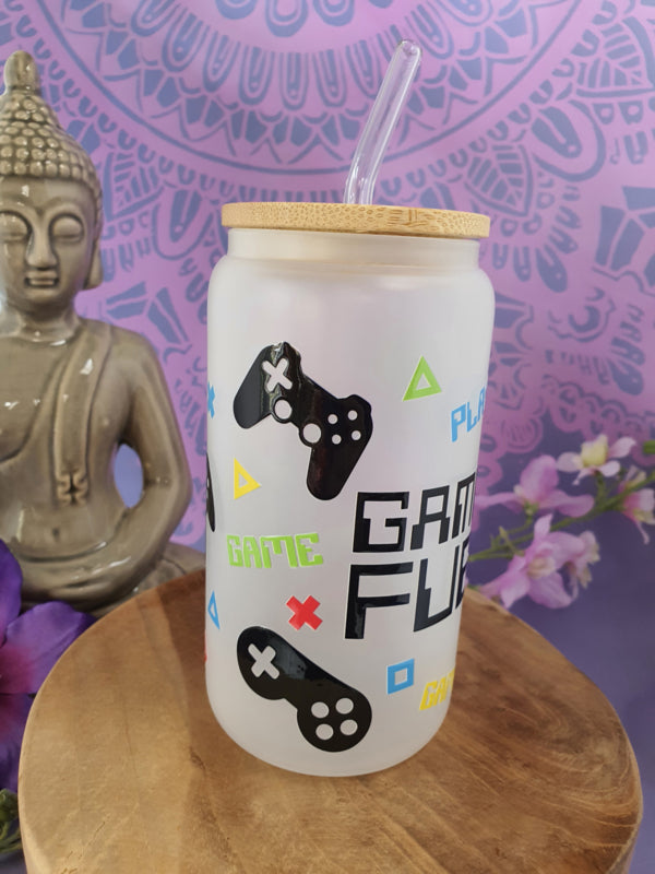 Drinkglas (blikvormige tumbler) met Bamboe deksel en rietje &