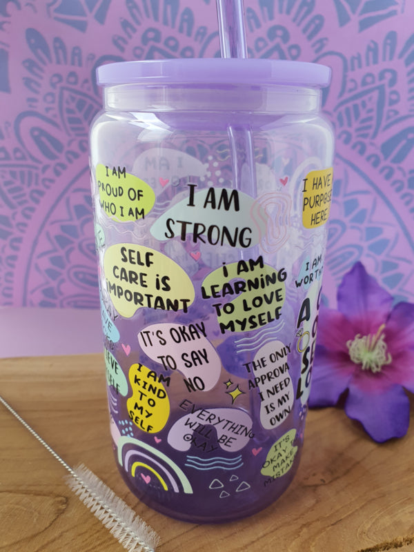 Drinkglas (blikvormige tumbler) met kunststof deksel en rietje &