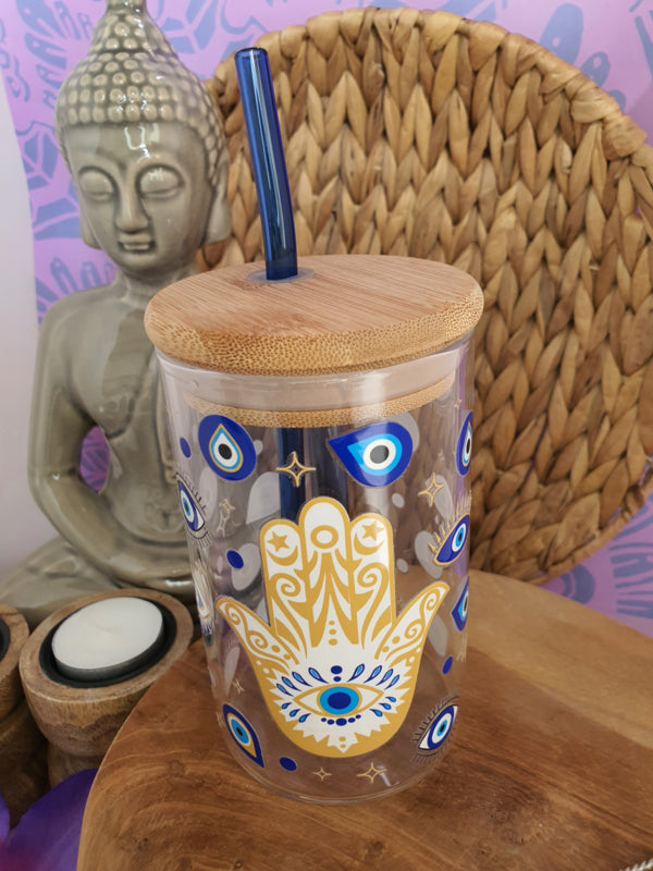 Drinkglas met handvat, bamboe deksel en rietje &