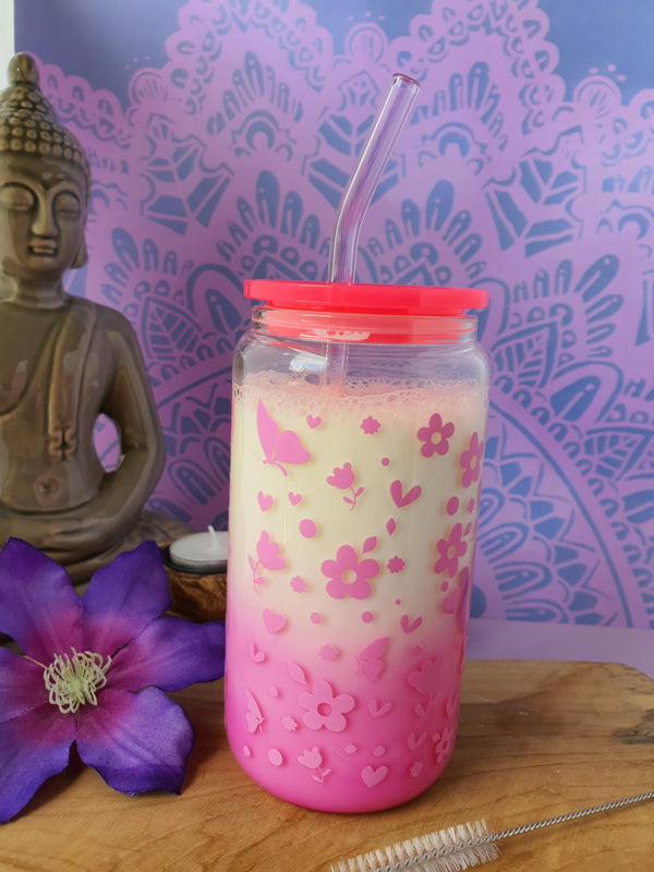 Drinkglas (blikvormige tumbler) met kunststof deksel en rietje &