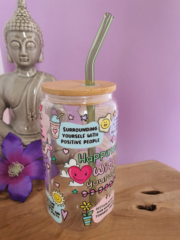 Drinkglas (blikvormige tumbler) met Bamboe deksel en rietje &