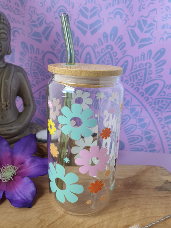 Drinkglas (blikvormige tumbler) met Bamboe deksel en rietje &