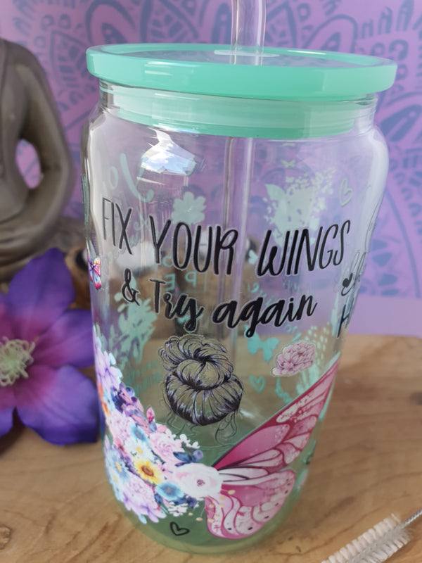Drinkglas (blikvormige tumbler) met kunststof deksel en rietje &