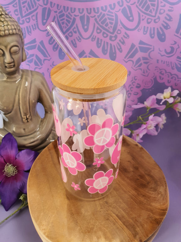 Drinkglas (blikvormige tumbler) met Bamboe deksel en rietje &