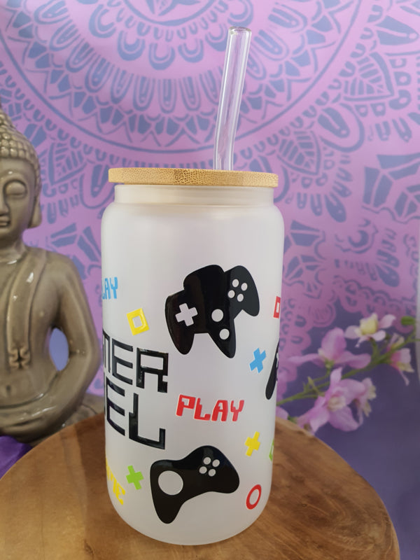 Drinkglas (blikvormige tumbler) met Bamboe deksel en rietje &