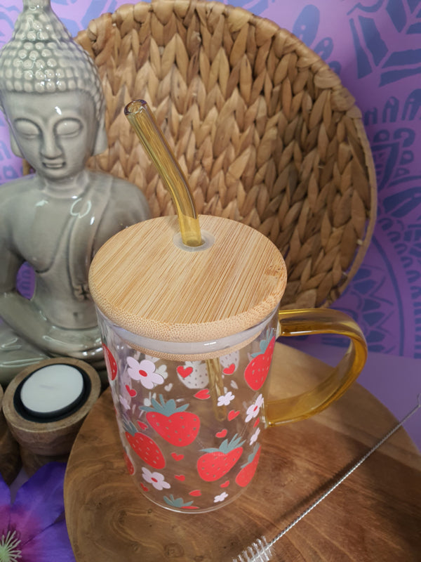 Drinkglas met handvat, bamboe deksel en rietje &