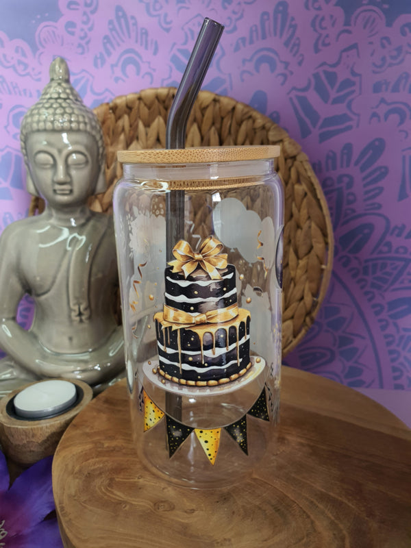 Drinkglas (blikvormige tumbler) met bamboe deksel en rietje &