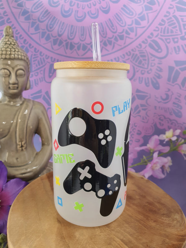 Drinkglas (blikvormige tumbler) met Bamboe deksel en rietje &