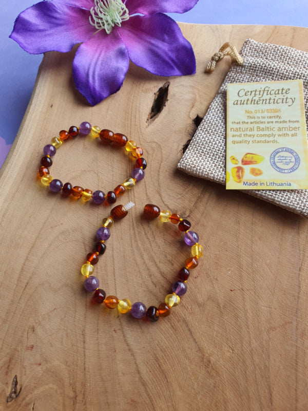 Barnsteen / Amber armband met Amethist voor baby & kind