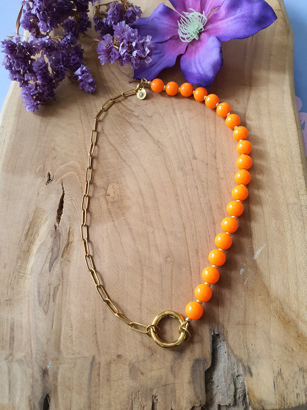 Basisketting Happy Combi rvs goud / oranje kralen