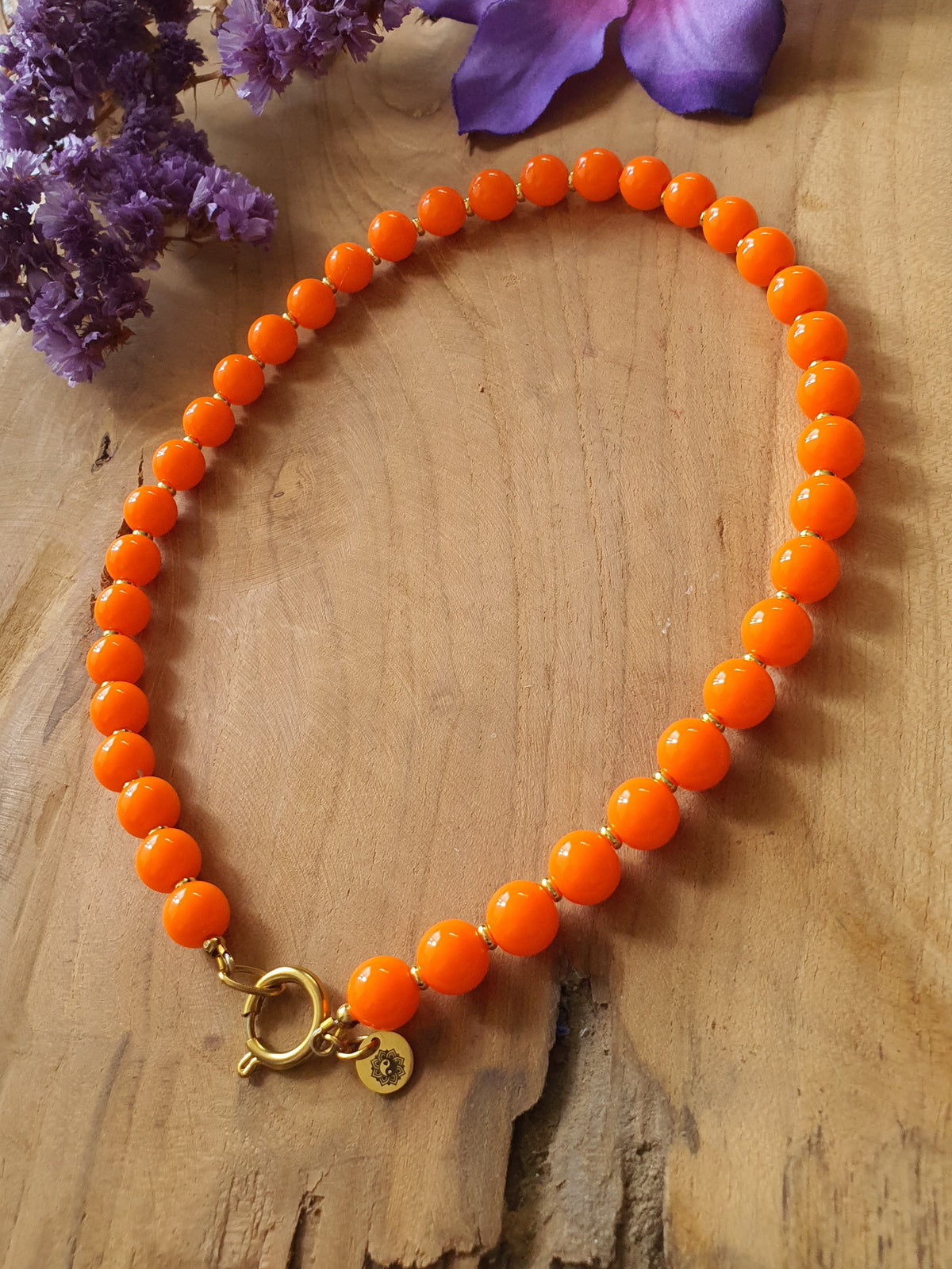 Basisketting Happy rvs goud / oranje kralen