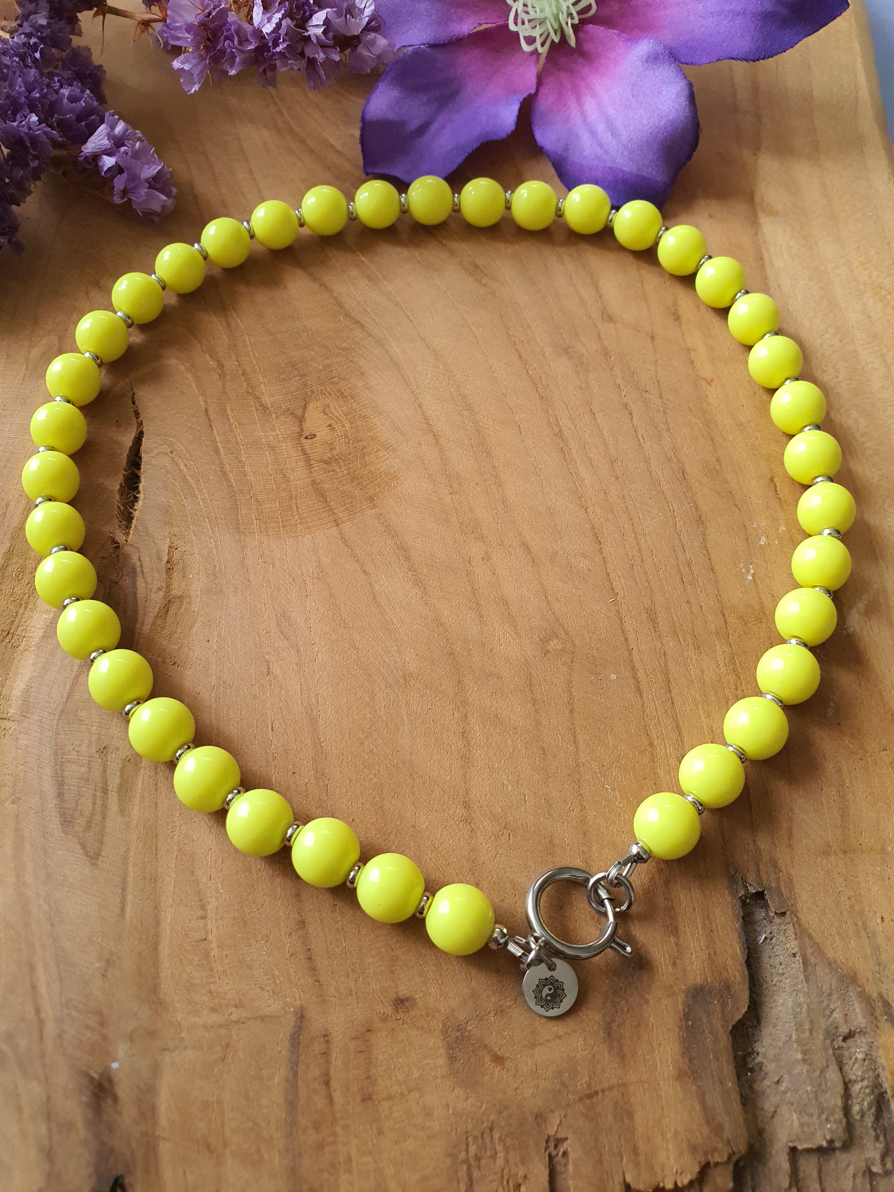 Basisketting Happy rvs zilver / geel kralen