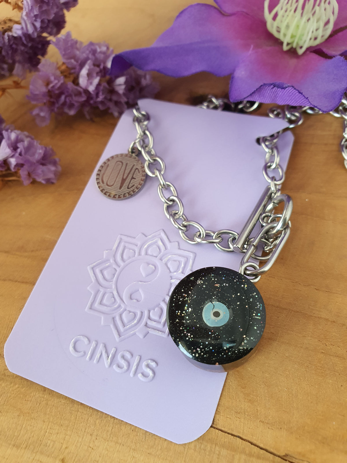 Cinsis Orgonite mix: orgonite Hanger 2 in 1 + RVS Zilver ketting nr 3024 evil eye