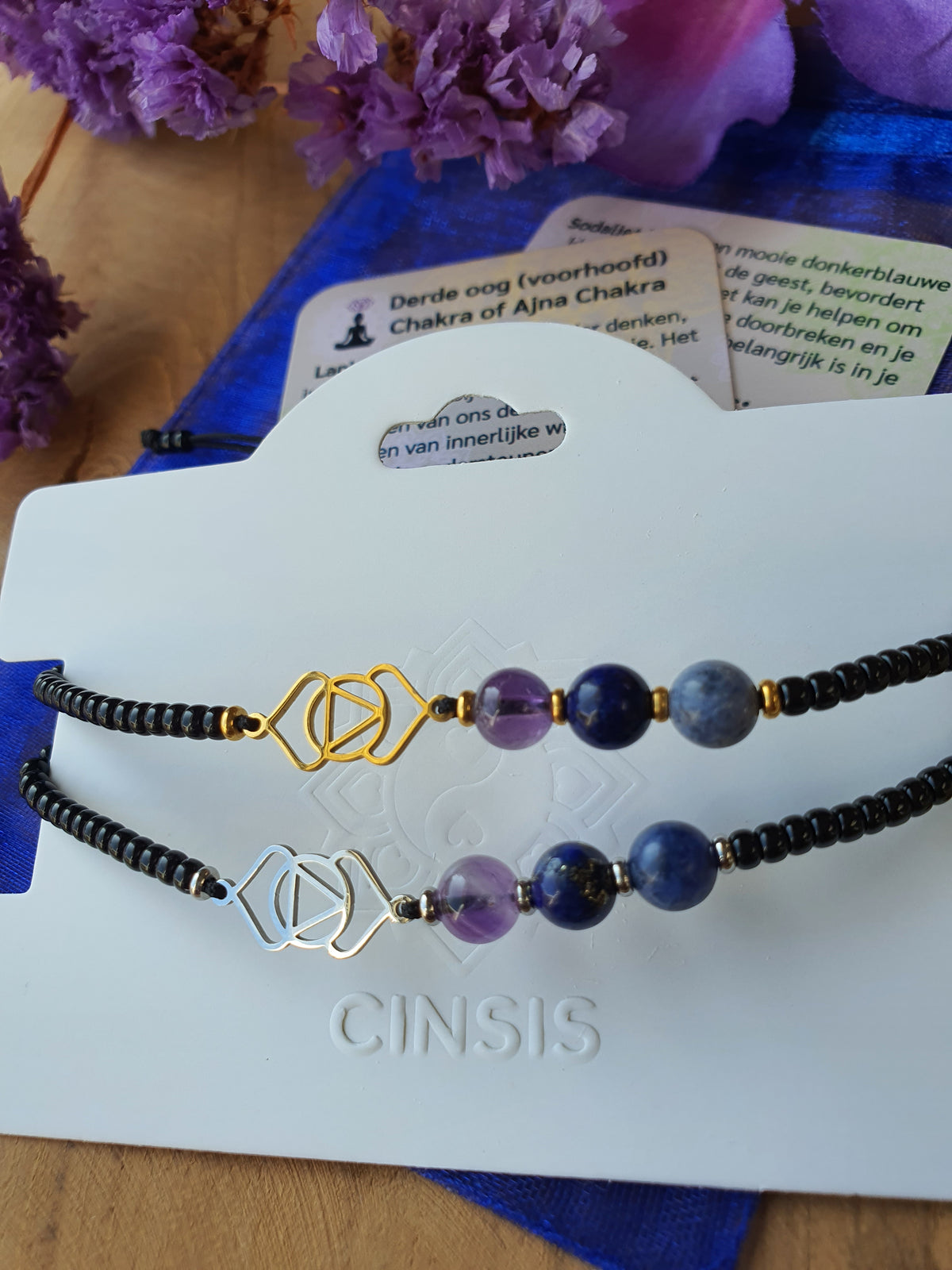 Derde Oog chakra armband met symbool en zwarte miyuki kralen