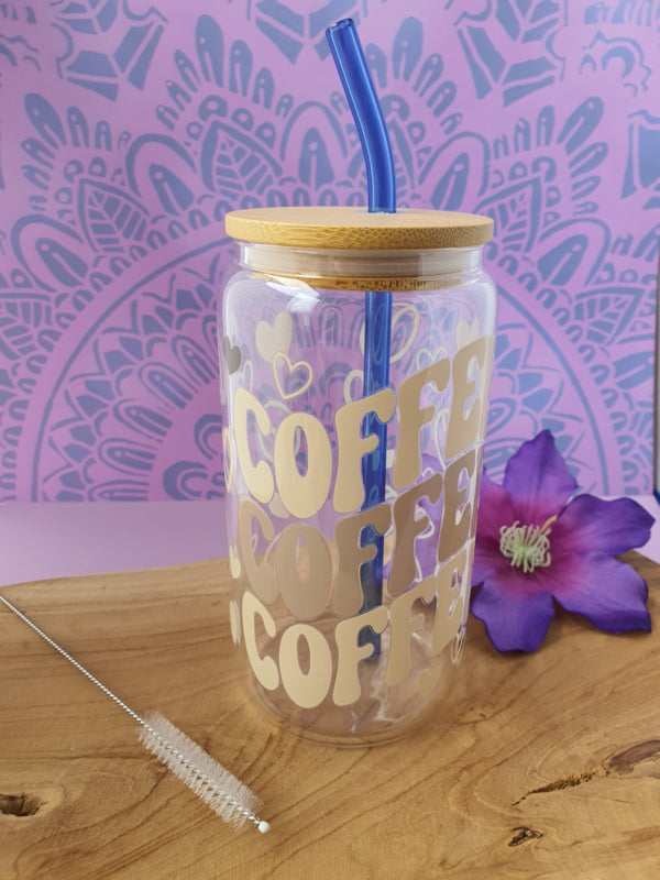 Drinkglas (blikvormige tumbler) met Bamboe deksel en rietje &