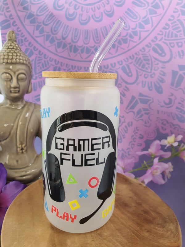 Drinkglas (blikvormige tumbler) met Bamboe deksel en rietje &