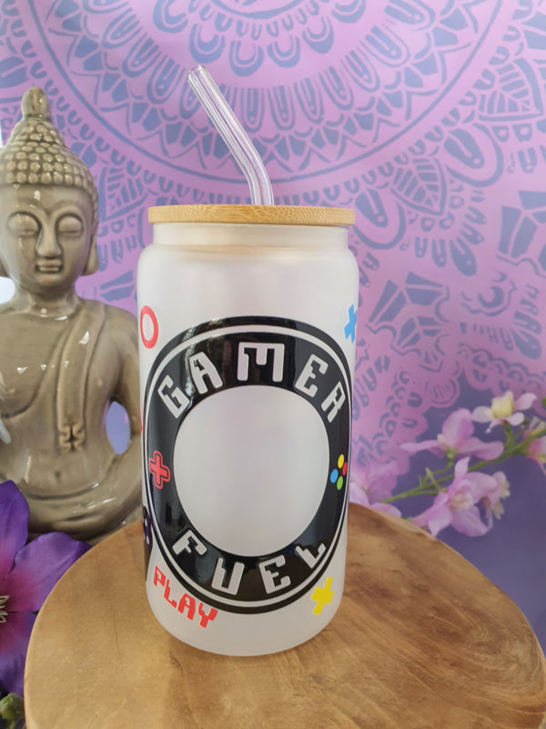 Drinkglas (blikvormige tumbler) met Bamboe deksel en rietje &