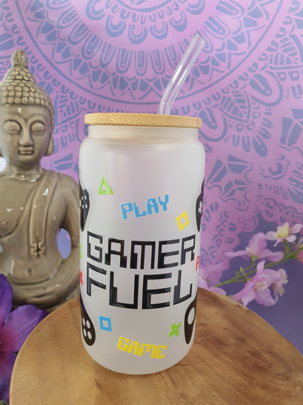 Drinkglas (blikvormige tumbler) met Bamboe deksel en rietje &