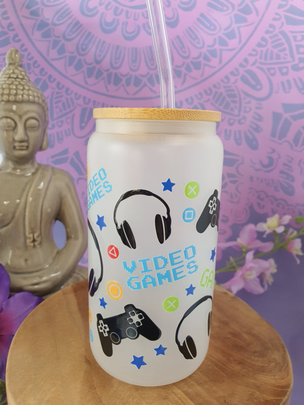 Drinkglas (blikvormige tumbler) met Bamboe deksel en rietje &