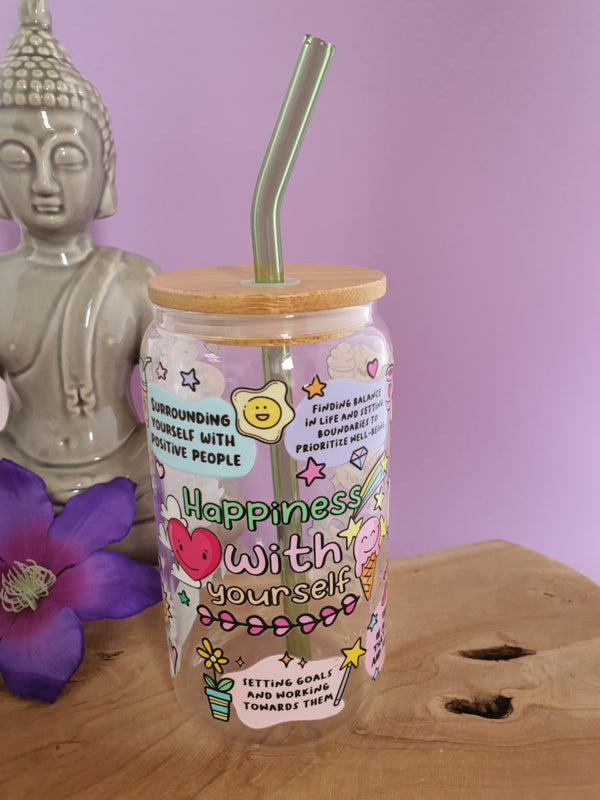 Drinkglas (blikvormige tumbler) met Bamboe deksel en rietje &