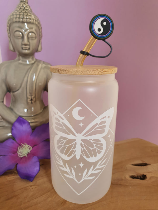 Drinkglas (blikvormige tumbler) met bamboe deksel en rietje &