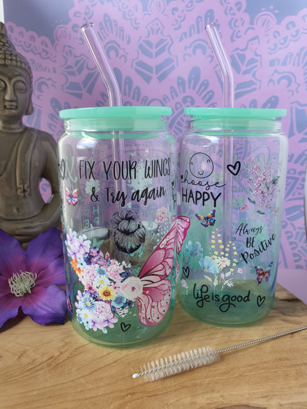 Drinkglas (blikvormige tumbler) met kunststof deksel en rietje &