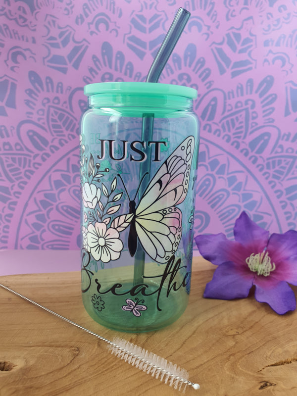 Drinkglas (blikvormige tumbler) met kunststof deksel en rietje &