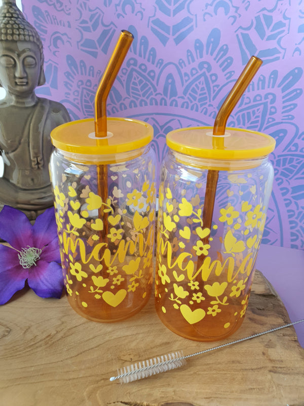 Drinkglas (blikvormige tumbler) met kunststof deksel en rietje &