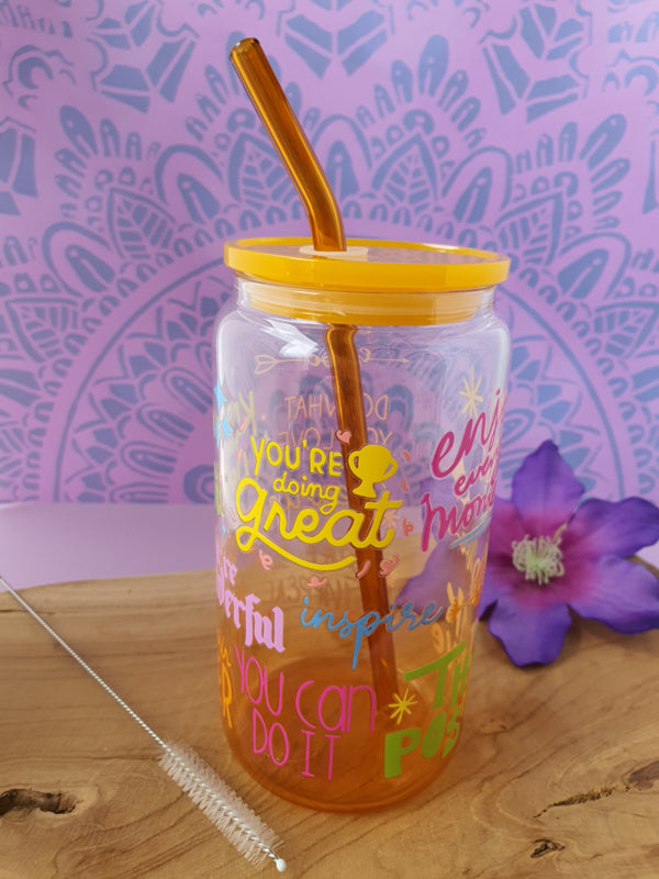 Drinkglas (blikvormige tumbler) met kunststof deksel en rietje &